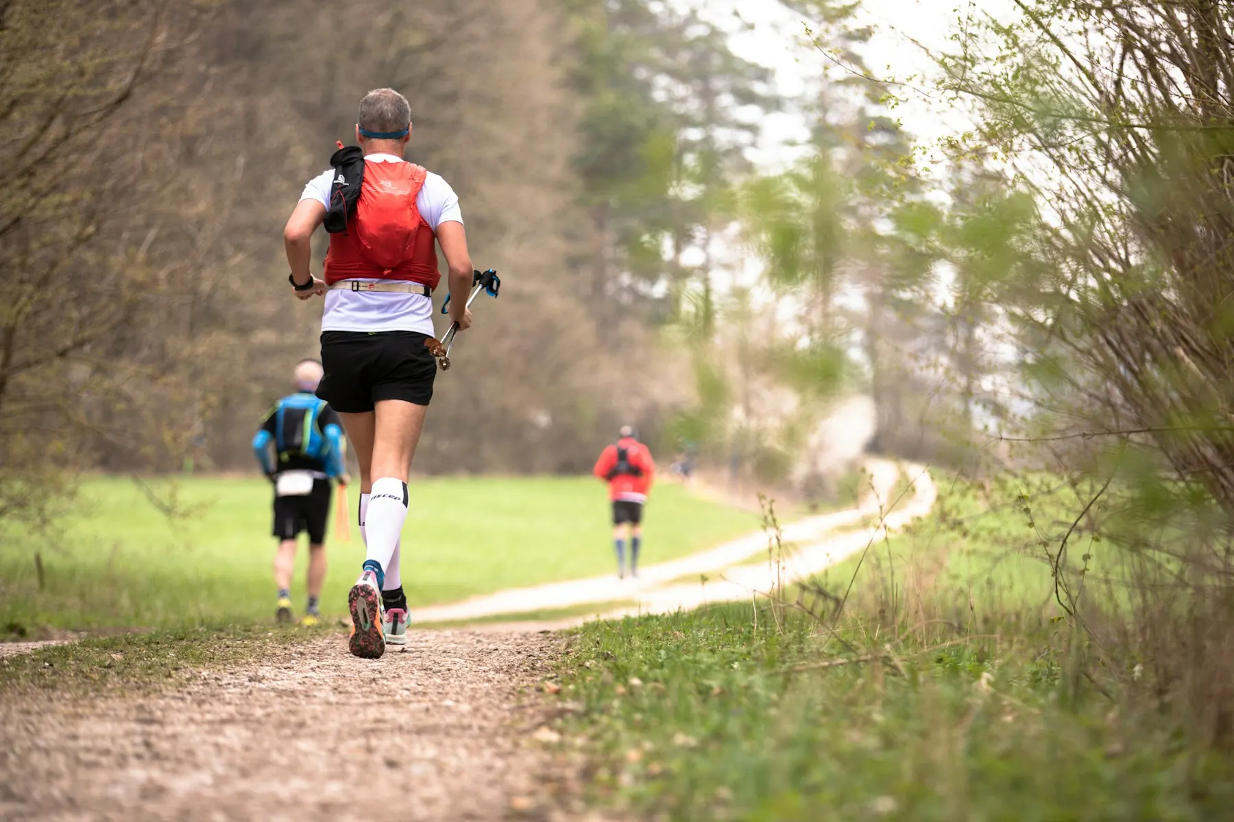 Trail runners in race bibs on a wooded path